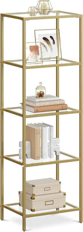 VASAGLE Bookcase, 5-Tier Bookshelf, Slim Shelving Unit for Bedroom, Bathroom, Home Office, Tempered Glass, Steel Frame, Metallic Gold ULGT029A01 - LeafyLoom