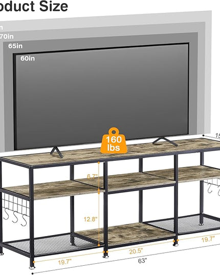 VECELO 63" TV Stand for 60/65/70 Inch Television, Entertainment Center with Storage Shelves & Hooks, 3-Tier Modern Wooden Console Table for Living, Bedroom and Gaming Room, 63 Inch, Oak Grey - LeafyLoom