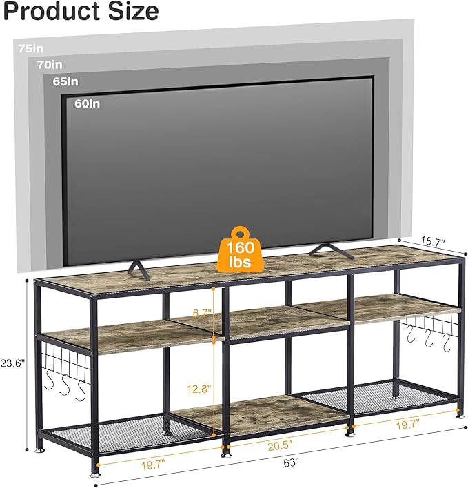 VECELO 63" TV Stand for 60/65/70 Inch Television, Entertainment Center with Storage Shelves & Hooks, 3-Tier Modern Wooden Console Table for Living, Bedroom and Gaming Room, 63 Inch, Oak Grey - LeafyLoom
