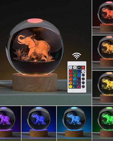 Large 3D Elephant Lamp Crystal Ball Night Light, Light up Elephant 16 Color Changing with Remote Control for Bedroom Decor, Cool Desk Decor Gift for Teens Boys and Girls, Elephant - LeafyLoom