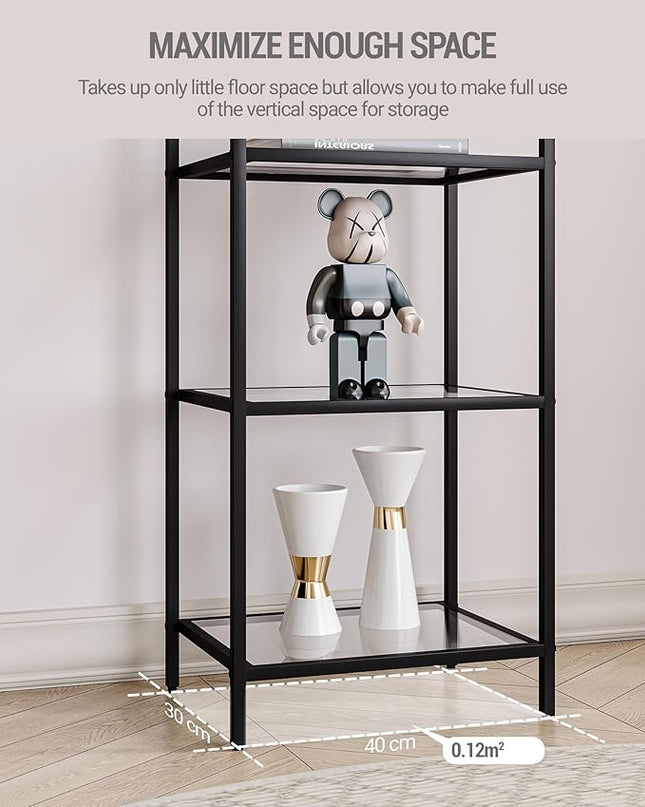 Bookcase Bookshelf, Tempered Glass Bookshelves, Slim Shelving Unit for Bedroom, Bathroom, Home Office, Steel Frame, 4 Tier Black BC04001B - LeafyLoom