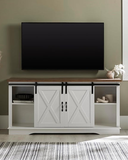 Walker Edison Richmond Modern Farmhouse Sliding Barn Door TV Stand for TVs up to 65 Inches, 58 Inch, White and Rustic Oak - LeafyLoom