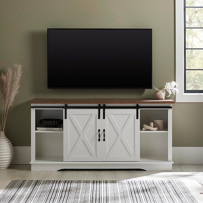 Walker Edison Richmond Modern Farmhouse Sliding Barn Door TV Stand for TVs up to 65 Inches, 58 Inch, White and Rustic Oak - LeafyLoom