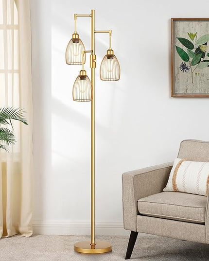 Dimmable Floor Lamp, Industrial Floor Lamps for Living Room, Gold Tree Lamp Standing Lamp Tall Lamps with 3 Elegant Teardrop Cage Head & 800 Lumens LED Bulbs for Living room Bedroom Office - LeafyLoom