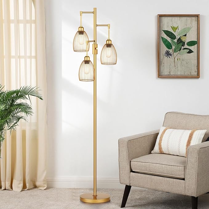 Dimmable Floor Lamp, Industrial Floor Lamps for Living Room, Gold Tree Lamp Standing Lamp Tall Lamps with 3 Elegant Teardrop Cage Head & 800 Lumens LED Bulbs for Living room Bedroom Office - LeafyLoom