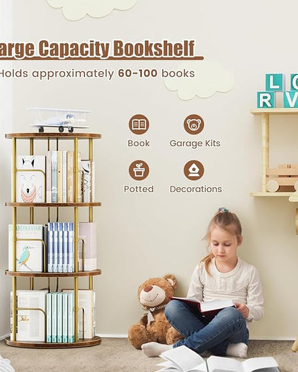 Rotating Bookshelf, 3 Tier Round Revolving Bookcase with Special Visible Partition Storage, 360° Display Spinning Bookshelf Tower Storage Organizer Rack for Bedroom, Living Room, Small Space, Gold - LeafyLoom