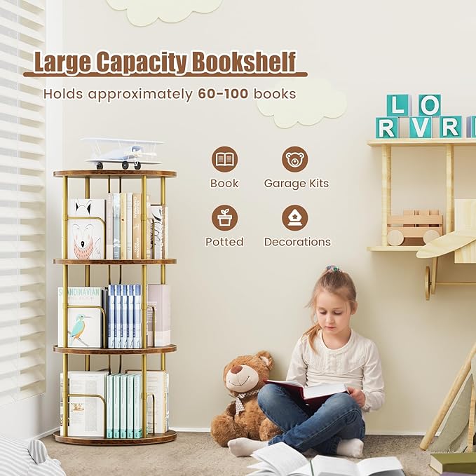 Rotating Bookshelf, 3 Tier Round Revolving Bookcase with Special Visible Partition Storage, 360° Display Spinning Bookshelf Tower Storage Organizer Rack for Bedroom, Living Room, Small Space, Gold - LeafyLoom