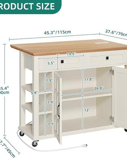 YITAHOME Kitchen Island with Drop Leaf & Power Outlet, Rolling Kitchen Cart on Wheels, Americana Kitchen Island Cabinet with Open Shelves for Kitchen Dining Room, Thicker Rubberwood Top, Off White - LeafyLoom