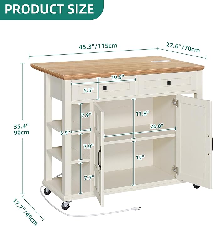 YITAHOME Kitchen Island with Drop Leaf & Power Outlet, Rolling Kitchen Cart on Wheels, Americana Kitchen Island Cabinet with Open Shelves for Kitchen Dining Room, Thicker Rubberwood Top, Off White - LeafyLoom