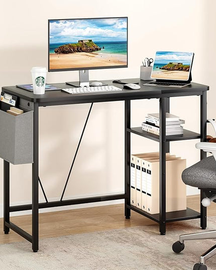 Computer Desk, 39.3” Home Office Desks, Modern Small Desk for Bedroom, Gaming Desk with Iron Hook and Height Adjustable Feet, Sturdy Student Writing Desk with Storage Bag, Storage Shelves - LeafyLoom