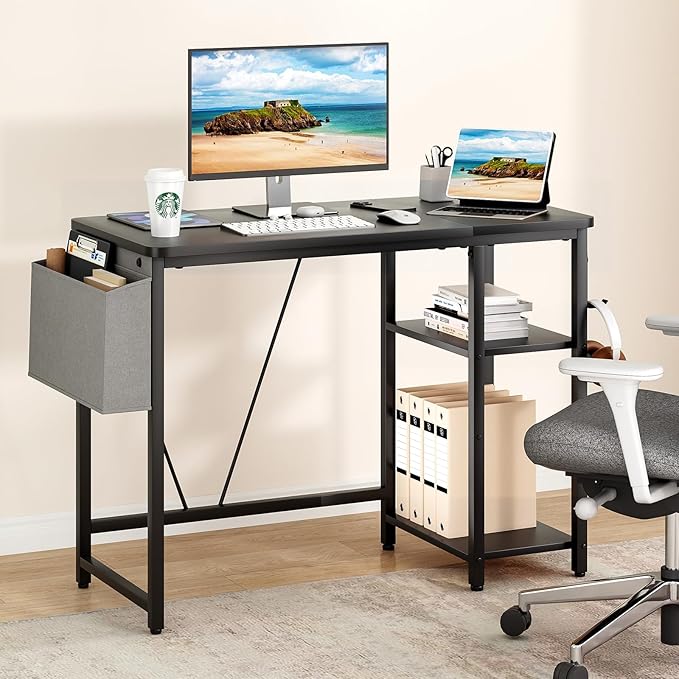 Computer Desk, 39.3” Home Office Desks, Modern Small Desk for Bedroom, Gaming Desk with Iron Hook and Height Adjustable Feet, Sturdy Student Writing Desk with Storage Bag, Storage Shelves - LeafyLoom