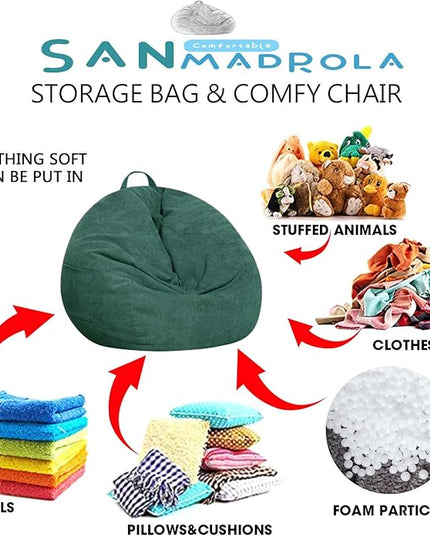 Stuffed Animal Storage Bean Bag Chair Cover (No Filler)for Kids and Adults.Soft Premium Corduroy Stuffable Beanbag for Organizing Children Plush Toys or Memory Foam Extra Large 300L (Green) - LeafyLoom