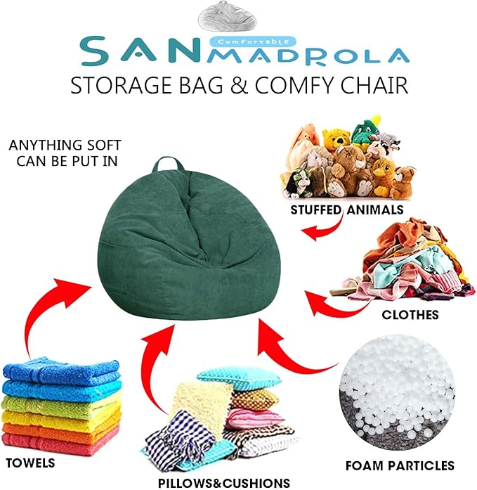 Stuffed Animal Storage Bean Bag Chair Cover (No Filler)for Kids and Adults.Soft Premium Corduroy Stuffable Beanbag for Organizing Children Plush Toys or Memory Foam Extra Large 300L (Green) - LeafyLoom