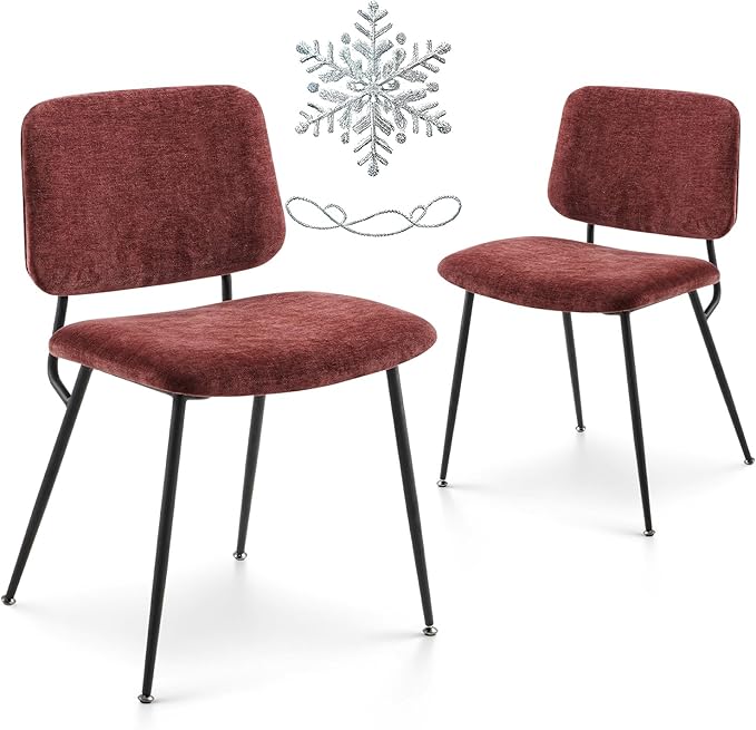 COLAMY Modern Upholstered Fabric Dining Room Accent Diner Stylish Kitchen Chairs with Solid Metal Legs, set of 2, Red - LeafyLoom