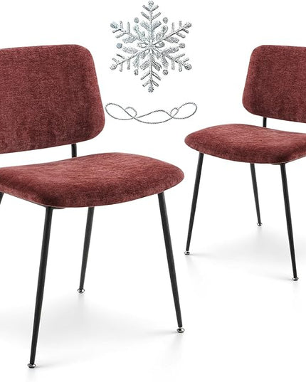 COLAMY Modern Upholstered Fabric Dining Room Accent Diner Stylish Kitchen Chairs with Solid Metal Legs, set of 2, Red - LeafyLoom