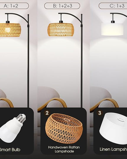 Arc Floor Lamp with Remote & App Control, 10 Color Modes, 10 Dimmable Brightness, Boho Tall Standing Lamps with LED Smart Bulb, Rattan & Fabric Double Drum Shade for Living Room Bedroom Office - LeafyLoom
