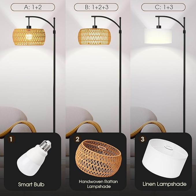 Arc Floor Lamp with Remote & App Control, 10 Color Modes, 10 Dimmable Brightness, Boho Tall Standing Lamps with LED Smart Bulb, Rattan & Fabric Double Drum Shade for Living Room Bedroom Office - LeafyLoom