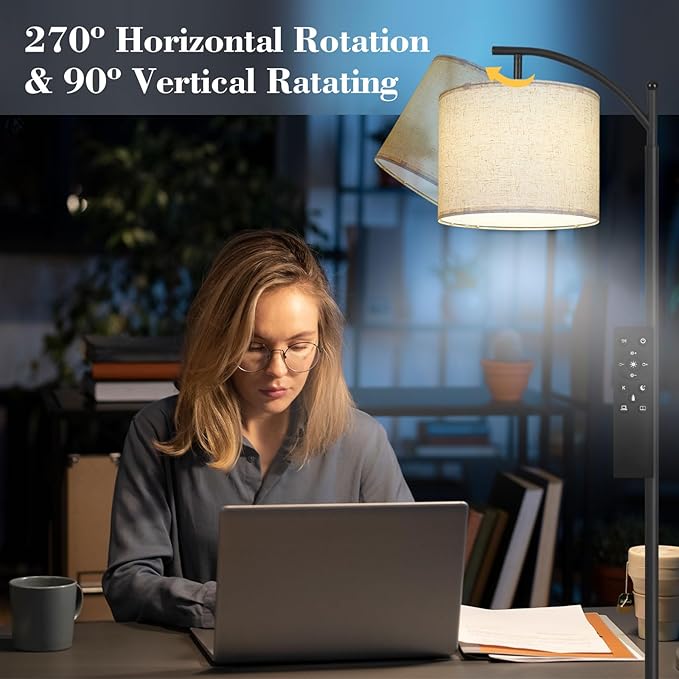 PESRAE Arc Floor Lamp with Remote Control, 9W/1000LM Stepless 3000K-6000K LED Bulb Included, Standing Lamp with Tall lamp with Adjustable Linen Lampshade for Bedroom,Living Room - LeafyLoom