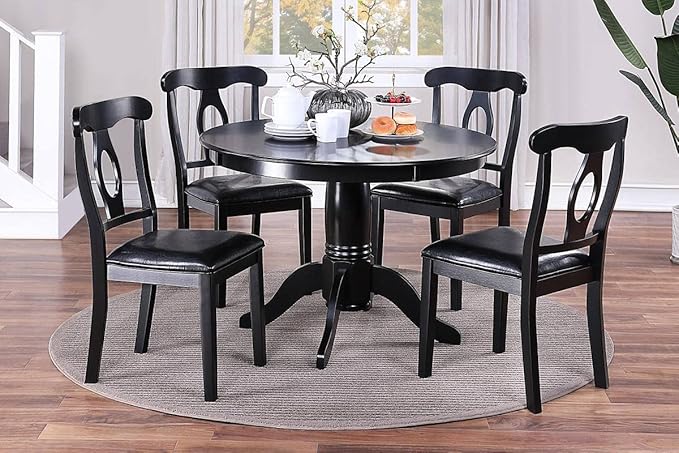 NicBex Dining Table Set for 4 Kitchen Table Set Classic Design Dining Room 5Pc Set Round Table 4X Side Chairs Cushion Fabric Upholstery Seat, Rubberwood, Black - LeafyLoom