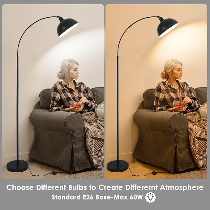 Arc Floor Lamps for Living Room,Modern Tall Standing Lamp,Black Floor Lamp with Adjustable Hanging Dome Shade,Over Couch Mid Century Arched Reading Lamp for Bedroom,Office - LeafyLoom