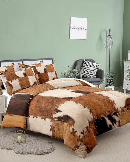 Tailor Shop Brown Cow Print Comforter Set King, Farmhouse Cow Print Bedding in A Bag, Leather Stitching Rustic Cowhide Comforter with 2 Matching Pillowcases Bedroom Decor…… - LeafyLoom