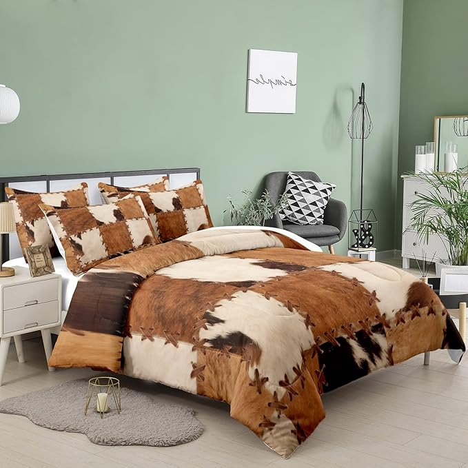 Tailor Shop Brown Cow Print Comforter Set Twin, Farmhouse Cow Print Bedding in A Bag, Leather Stitching Rustic Cowhide Comforter with 1 Matching Pillowcase Bedroom Decor……… - LeafyLoom