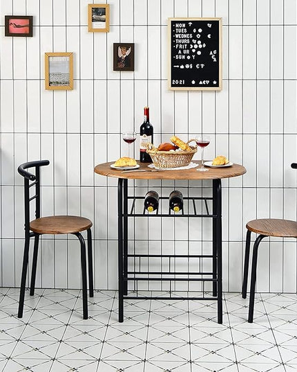 FANTASK 3 Piece Dining Table Set, Compact Table and 2 Chairs Set, w/Metal Frame and Storage Shelf, Breakfast Table Set for Apartment Kitchen Dining Room Cafe (Black & Brown) - LeafyLoom