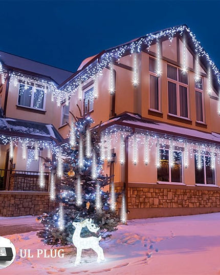 Christmas Lights Outdoor UL Certified Meteor Shower Lights 12Inch 8Tubes 192LED Falling Rain Drop Lights Icicle Snow Cascading Xmas Lights for Tree Wedding Party Garden Decoration,White Weepong