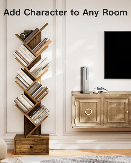 Pipishell Bookshelf with Drawer, 8-Tier Vertical Tree Bookshelf, Modern Bookcase, Modern Book Storage, Book Shelf Organizer for Living Room, Bedroom, Home Office, Rustic Brown, PIBS03WN - LeafyLoom