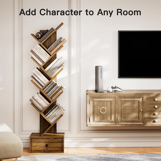 Pipishell Bookshelf with Drawer, 8-Tier Vertical Tree Bookshelf, Modern Bookcase, Modern Book Storage, Book Shelf Organizer for Living Room, Bedroom, Home Office, Rustic Brown, PIBS03WN - LeafyLoom