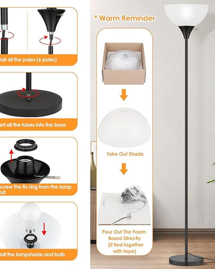 Floor Lamp, LED Standing Lamps with White Plastic Shade, Black Modern Torchiere Floor Lamp, Tall Lamps for Living Room Dorm, Bulb not Included - LeafyLoom