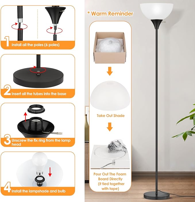Floor Lamp, LED Standing Lamps with White Plastic Shade, Black Modern Torchiere Floor Lamp, Tall Lamps for Living Room Dorm, Bulb not Included - LeafyLoom