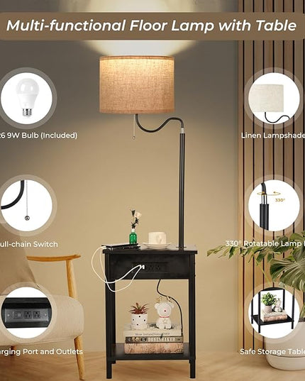FIMEI Floor Lamp with Table, End Table with Charging Station USB Ports & Outlets, Bedside Table 3 Color Temperature Reading Light, Nightstand with Shelves for Living Room Bedroom Apartment, Black - LeafyLoom