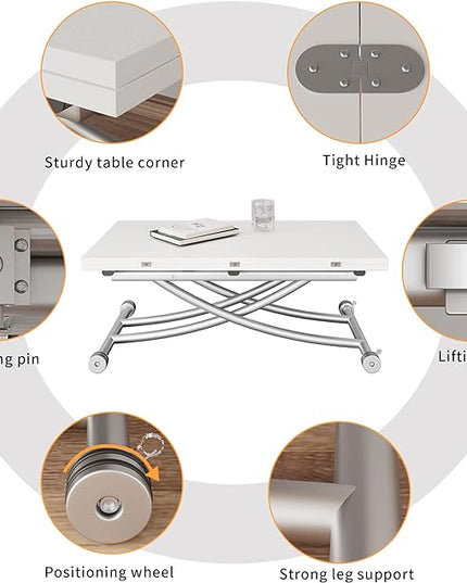 Height Adjustable Folding Dining Table Lift Top Coffee Table Converts to Dining Table with Sturdy Cross Metal Legs, Multi-Functional Space Saving Transform Table, White - LeafyLoom