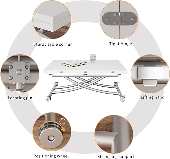 Height Adjustable Folding Dining Table Lift Top Coffee Table Converts to Dining Table with Sturdy Cross Metal Legs, Multi-Functional Space Saving Transform Table, White - LeafyLoom