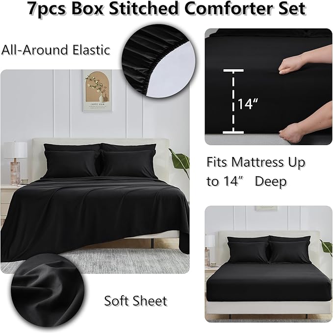 CozyLux Full Size Comforter Sets - 7 Pieces Bed in a Bag Set Black Full, Complete Bedding Sets Bed Set for All Season with Comforter, Flat Sheets, Fitted Sheet, Pillowcases & Shams - LeafyLoom