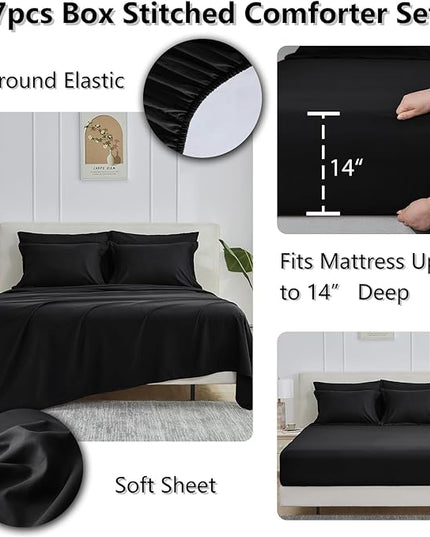 CozyLux King Size Comforter Set - 7 Pieces Bed in a Bag Set Black King, Complete Bedding Sets Bed Set for All Season with Comforter, Flat Sheets, Fitted Sheet, Pillowcases & Shams - LeafyLoom