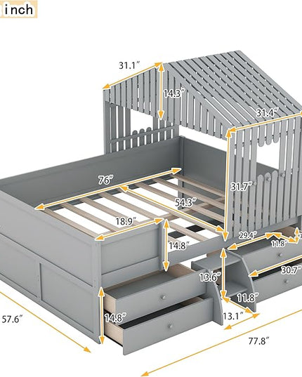 Full Size Low Loft Bed, Wooden House Shaped Loft Bed Frame with 4 Storage Drawers for Kids Teens Boys Girls, Easy Assembly, No Box Spring Needed, Gray - LeafyLoom
