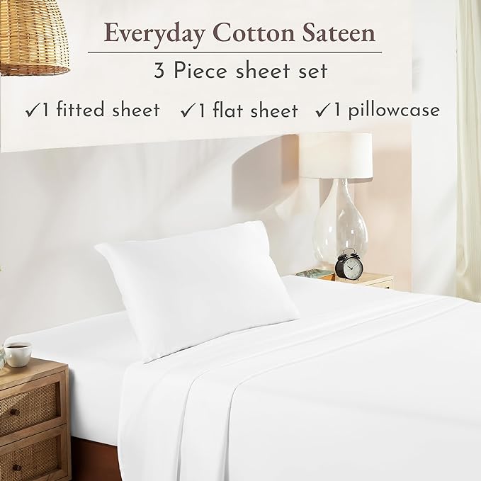 California Design Den Soft 100% Cotton Sheets Twin Size Bed Sheet Set with Deep Pockets, 3 Pc Twin Sheets with Sateen Weave for Dorm Rooms, Cooling Sheets (White) - LeafyLoom