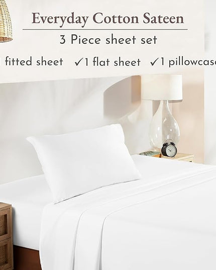 California Design Den Soft 100% Cotton Sheets Twin-XL Bed Sheet Set with Deep Pockets, 3 Pc Extra Long Twin Cooling Sheets with Sateen Weave (White) - LeafyLoom