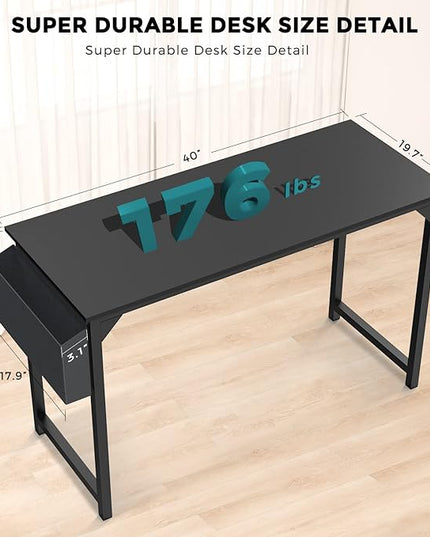 JHK Computer Small Desk Office 40 Inch Writing Work Kids Study Simple Wooden Table for Home Bedroom Modern Style with Headphone Hooks & Storage Bag, Black - LeafyLoom