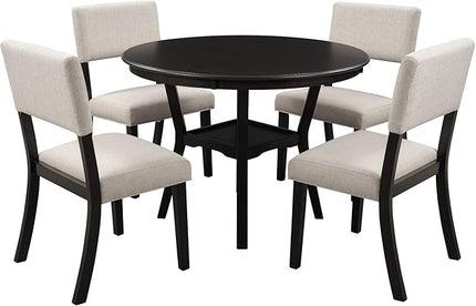 5 Piece, Indoor Modern Wood Set with Round Table, 4 Upholstered Chairs for Kitchen Dining Room, Espresso & Beige - LeafyLoom