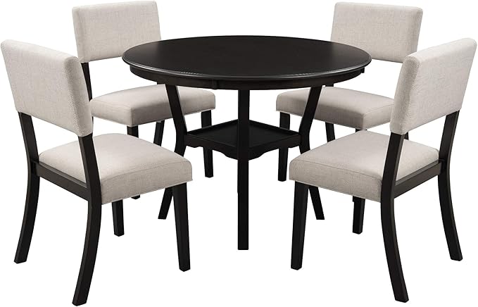 5 Piece, Indoor Modern Wood Set with Round Table, 4 Upholstered Chairs for Kitchen Dining Room, Espresso & Beige - LeafyLoom