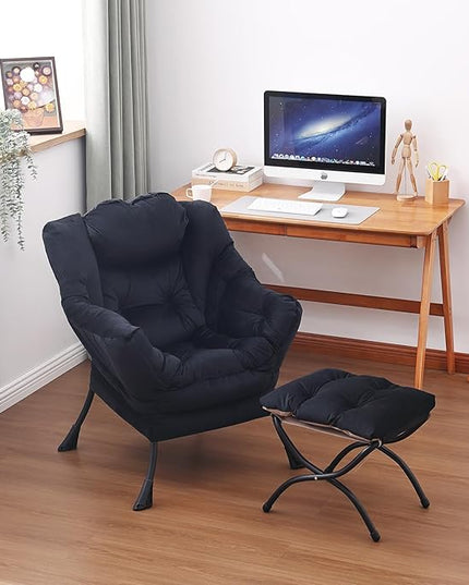 Lazy Chair and Ottoman, Large Accent Lounge Chair with Armrests and a Side Pocket, Modern Leisure Upholstered Sofa Reading Armchair with Footrest for Bedroom, Living Room, Dorm Rooms, Office - LeafyLoom