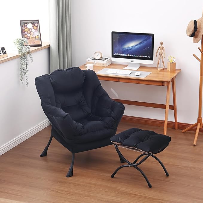 Lazy Chair and Ottoman, Large Accent Lounge Chair with Armrests and a Side Pocket, Modern Leisure Upholstered Sofa Reading Armchair with Footrest for Bedroom, Living Room, Dorm Rooms, Office - LeafyLoom
