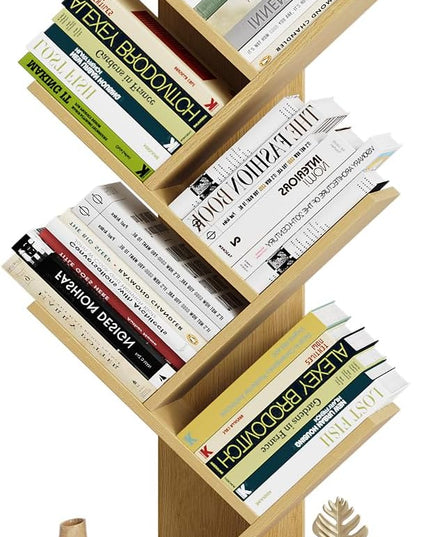 Vagusicc 6 Tier Tree Bookshelf - Retro Shelf Floor Standing Bookcase with Baskets, Tall Wood Book Storage Rack for Books/CDs, Tree Utility Book Organizer Shelves for Living Room, Home Office, Bedroom - LeafyLoom