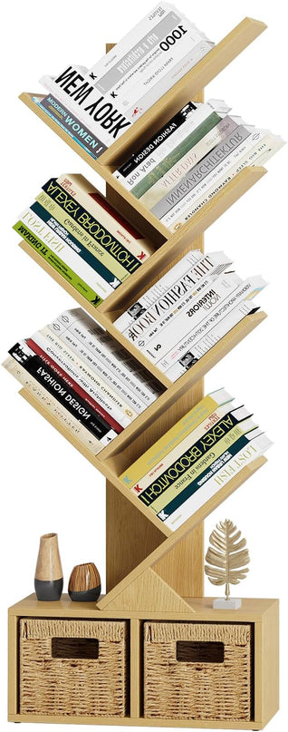 Vagusicc 6 Tier Tree Bookshelf - Retro Shelf Floor Standing Bookcase with Baskets, Tall Wood Book Storage Rack for Books/CDs, Tree Utility Book Organizer Shelves for Living Room, Home Office, Bedroom - LeafyLoom