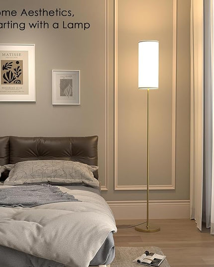 Floor Lamp for Living Room, Modern Standing lamp with Remote Control, Stepless Dimmable 12W Bulb & Beige Lampshade Included, Gold Pole Tall Floor Lamp for Bedroom Office - LeafyLoom