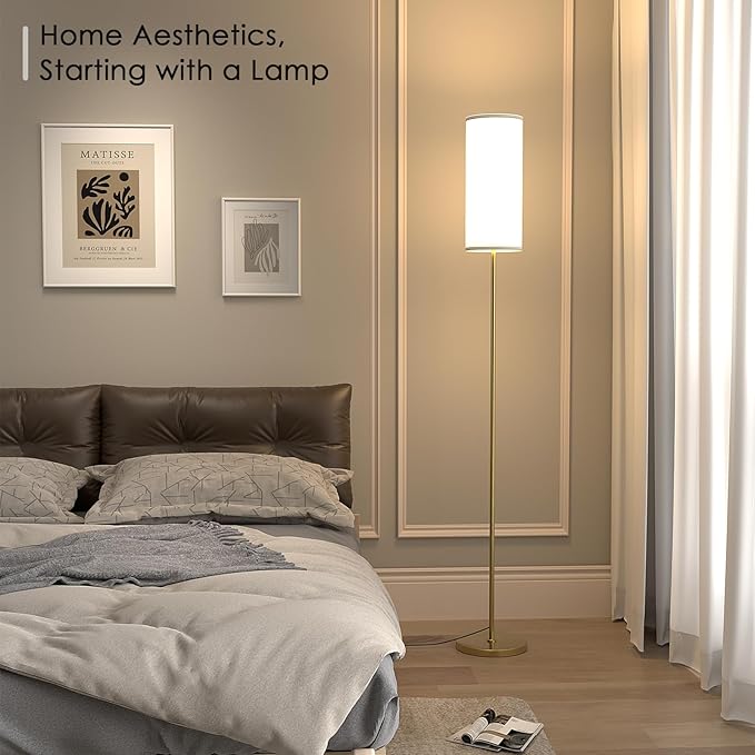 Floor Lamp for Living Room, Modern Standing lamp with Remote Control, Stepless Dimmable 12W Bulb & Beige Lampshade Included, Gold Pole Tall Floor Lamp for Bedroom Office - LeafyLoom