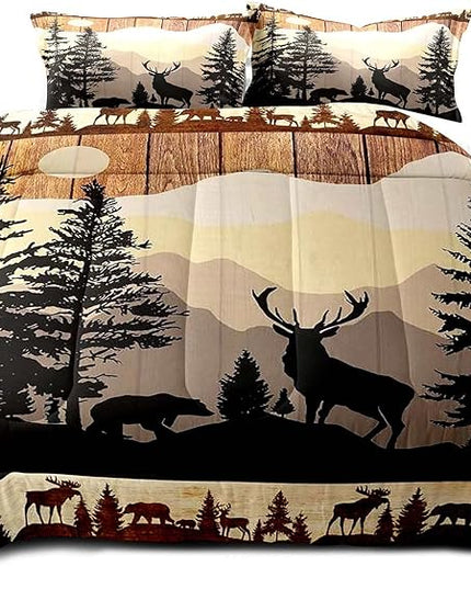 LUVIVIHOME 3PCS Black Bear Deer Comforter Set, Brown Full Size Comforter, Pine Tree Woodland Forest Animal Elk Moose Wildlife Hunting Cabin Lodge Country Rustic Farmhouse Bedding Quilt, 2 Pillow Shams - LeafyLoom